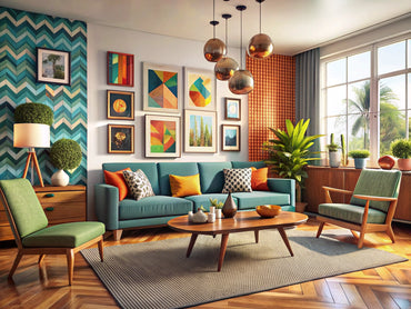 Modern living room showcasing retro art and vintage decor elements