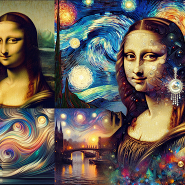 "A vibrant collage merging iconic art elements: Mona Lisa's smile, Starry Night's swirling colors, melting clocks, and the Girl with a Pearl Earring, set against a dynamic Renaissance-modern backdrop."