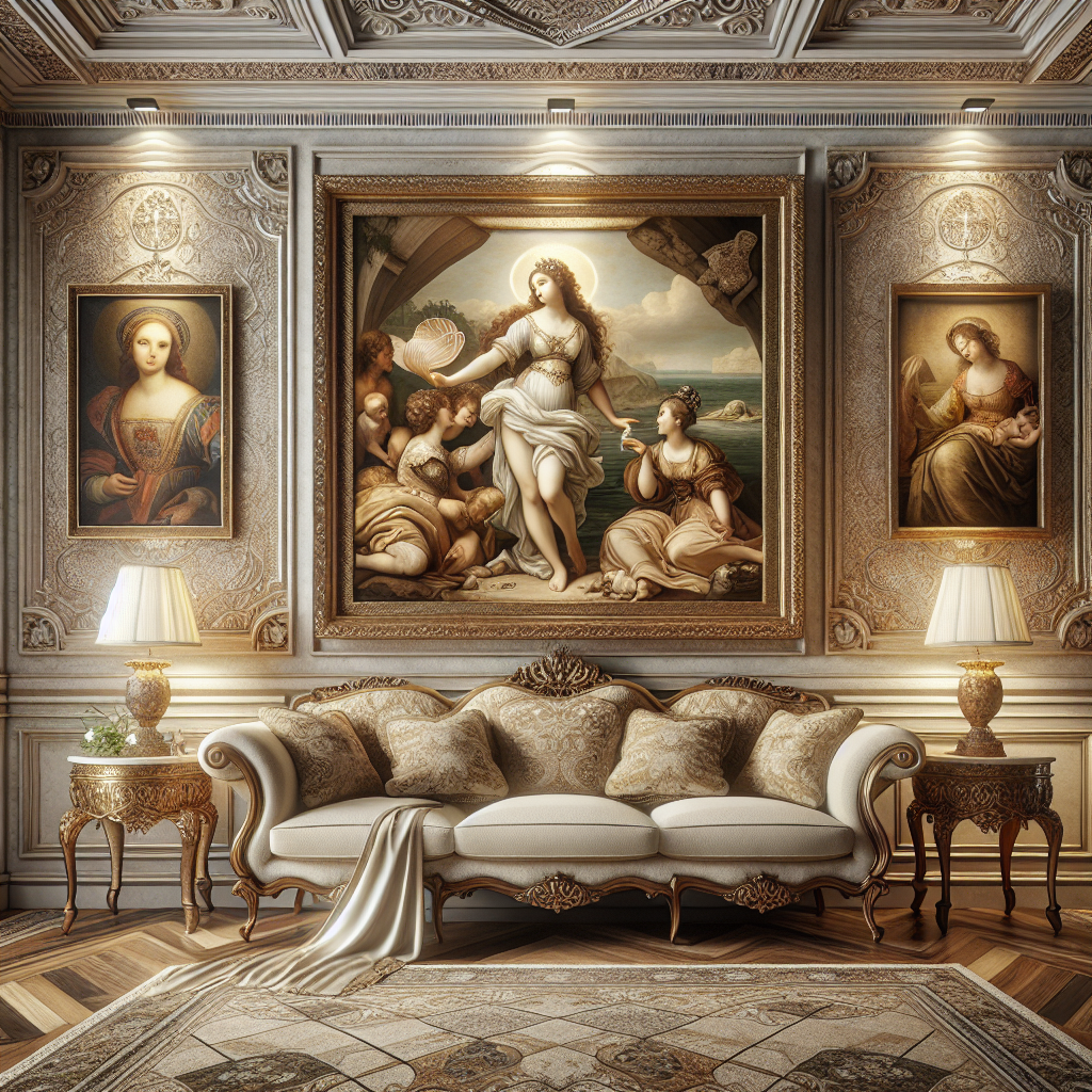 "Elegant living room with Renaissance flair, featuring Botticelli's 'The Birth of Venus' and da Vinci's 'Mona Lisa' amidst luxurious furnishings and soft lighting."