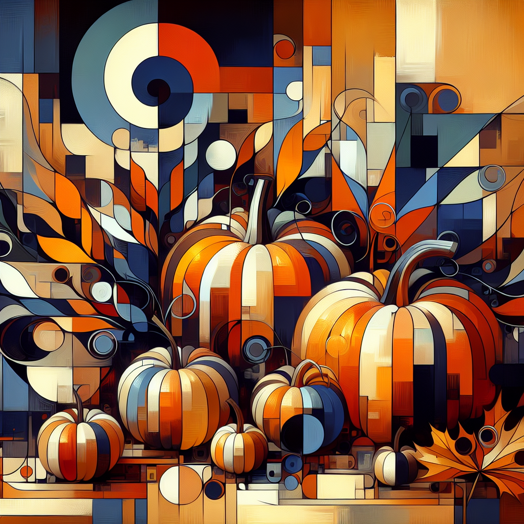 "Abstract autumnal artwork featuring vibrant orange and blue hues, with bold geometric shapes and subtle pumpkin inspirations, evoking a modern and dynamic atmosphere."