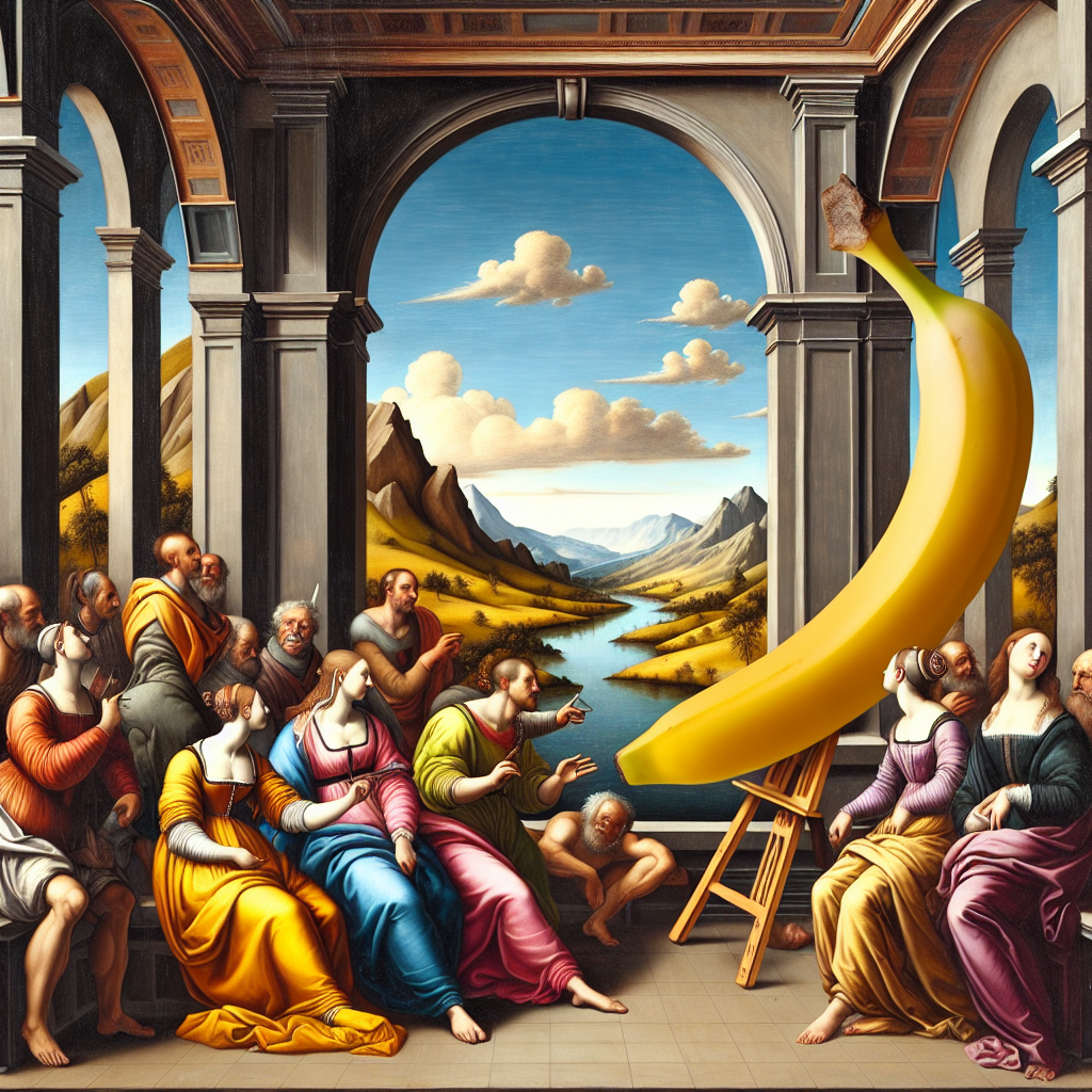 "Renaissance revival meets modern whimsy: A surreal, dreamlike landscape fuses classic naturalism with a vibrant, unexpected twist - a banana - blending timeless techniques like chiaroscuro and sfumato with contemporary flair."