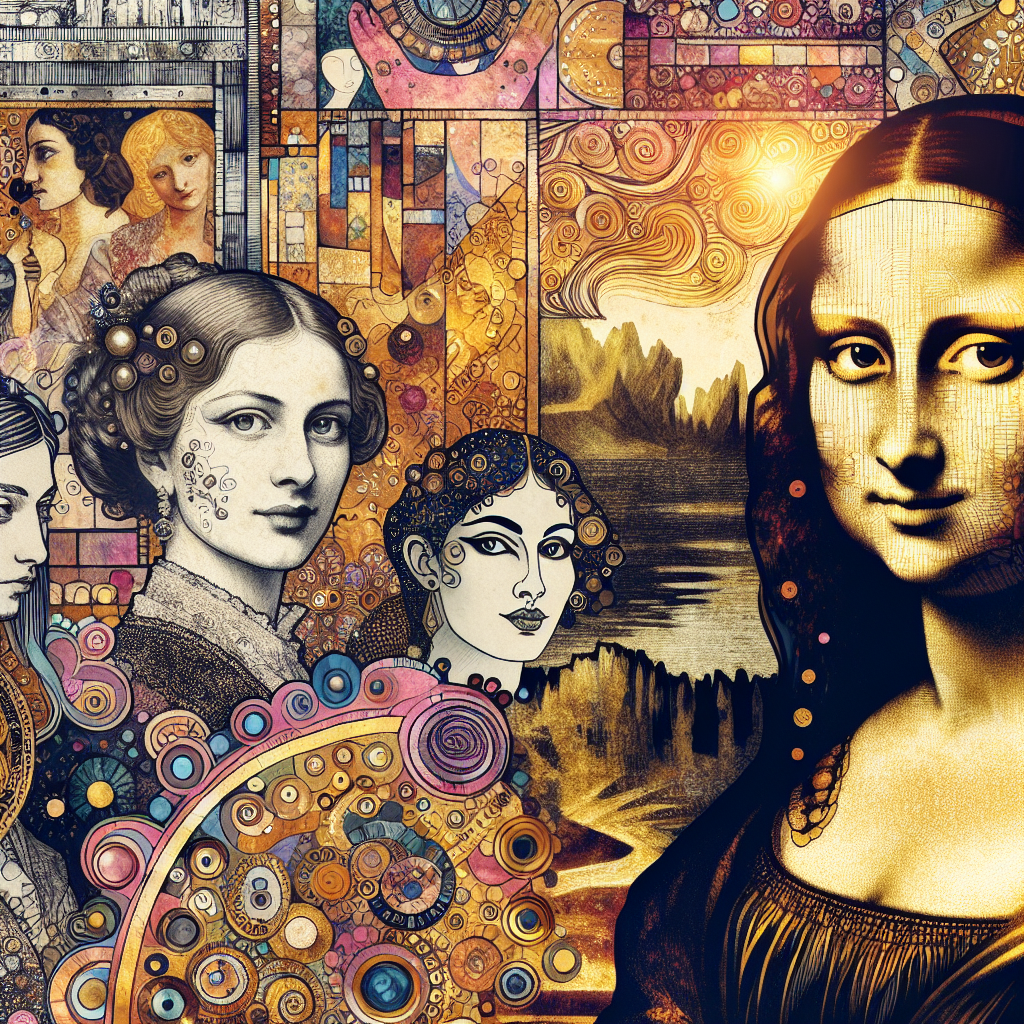 "Vibrant collage celebrating female art pioneers, blending iconic elements like the Mona Lisa's smile, Klimt's golden patterns, and Kahlo's bold colors, amidst a rich tapestry of historical and contemporary styles."