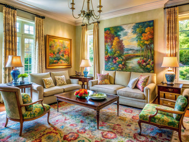 Elegant living room decor inspired by Impressionist art with vibrant colors and classic furniture.