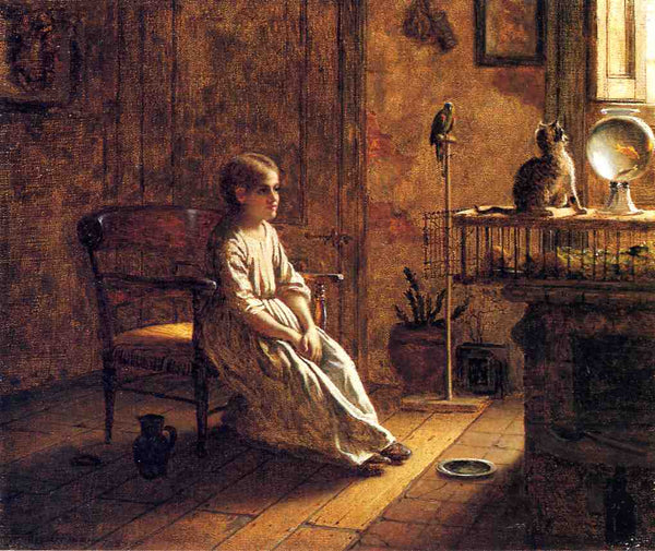 Reproduction of Eastman Johnson's 1859 painting 'A Child's Menagerie' featuring children and animals.